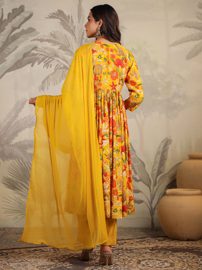 Mustard Chanderi Silk Floral Printed A-line Kurta Set