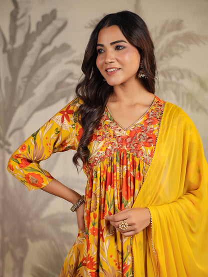 Mustard Chanderi Silk Floral Printed A-line Kurta Set