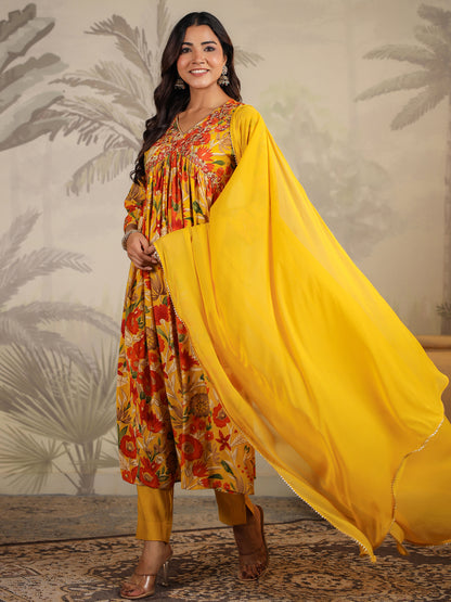 Mustard Chanderi Silk Floral Printed A-line Kurta Set