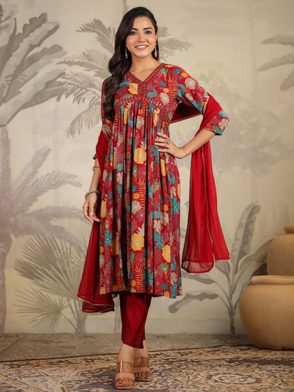 Maroon Chanderi Floral Printed A-Line Kurta Set