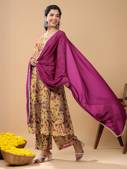 Mustard Georgette Floral Printed Anarkali Kurta With Palazzo & Dupatta Set