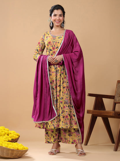 Mustard Georgette Floral Printed Anarkali Kurta With Palazzo & Dupatta Set