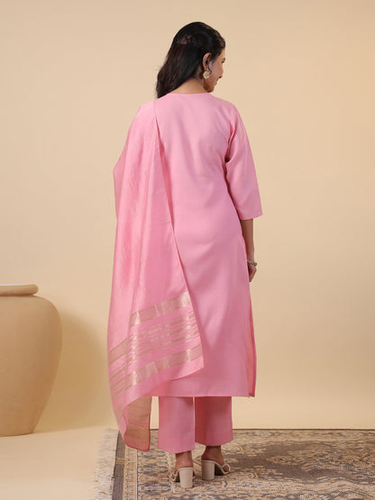 Pink Cotton Blend Yoke Embroidery Straight Kurta Set
