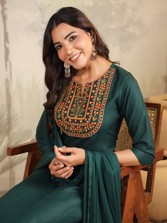 Dark Green Cotton Blend Yoke Embroidered Straight Kurta Set