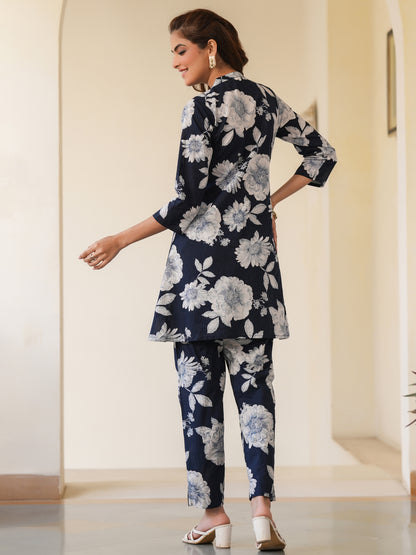 Navy Blue Pure Cotton Floral Printed A-line Co-ord Set