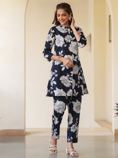 Navy Blue Pure Cotton Floral Printed A-line Co-ord Set