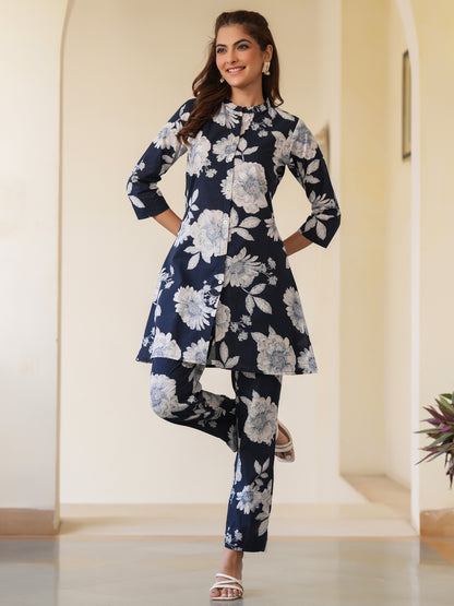 Navy Blue Pure Cotton Floral Printed A-line Co-ord Set