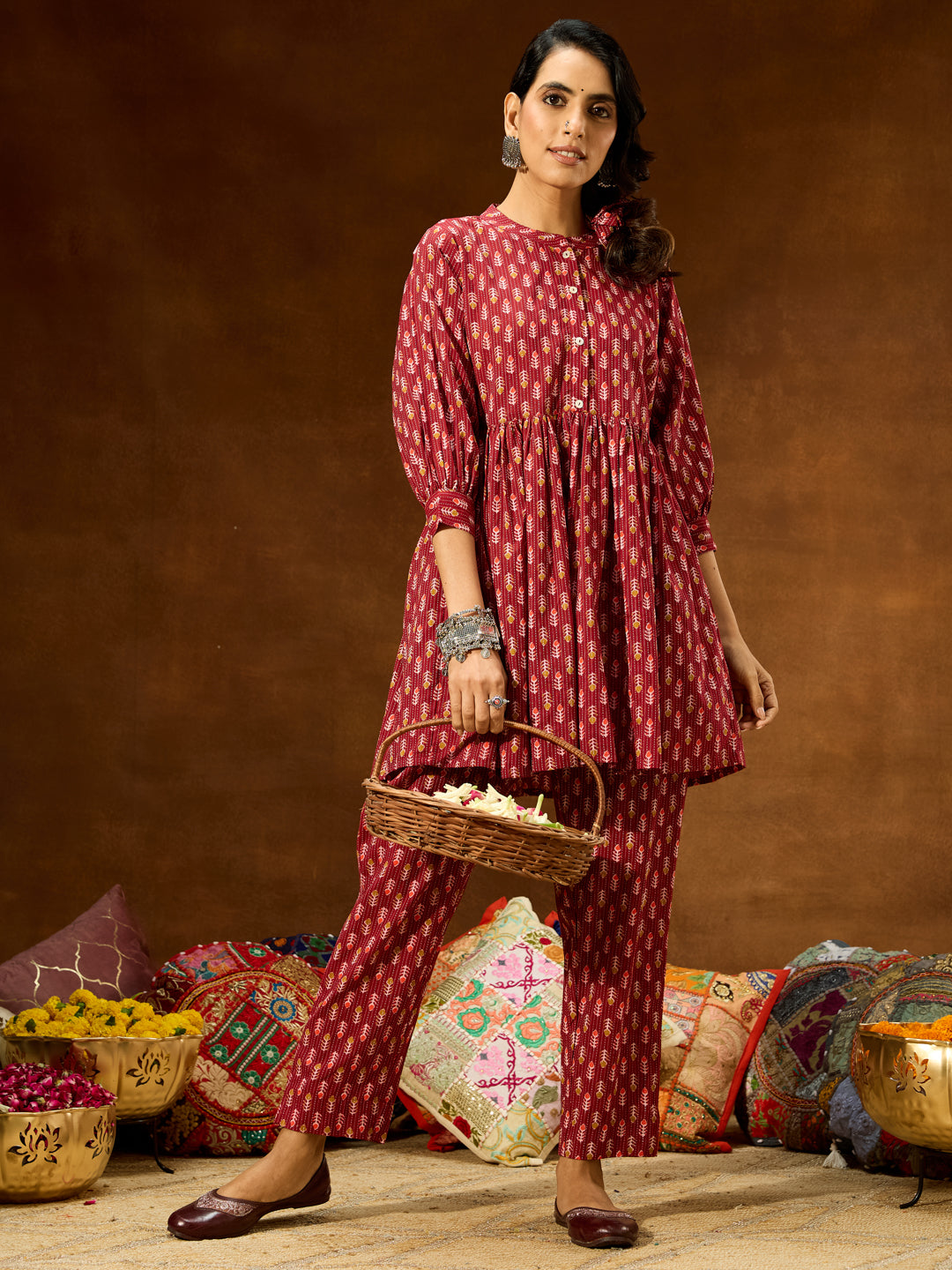 Janasya Women's Maroon Pure Cotton Ethnic Motifs Printed Peplum Co-ord Set