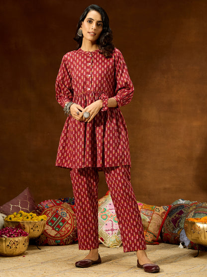 Janasya Women's Maroon Pure Cotton Ethnic Motifs Printed Peplum Co-ord Set