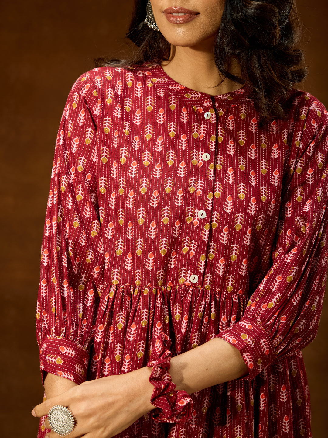 Janasya Women's Maroon Pure Cotton Ethnic Motifs Printed Peplum Co-ord Set