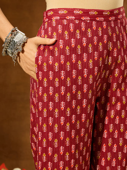 Janasya Women's Maroon Pure Cotton Ethnic Motifs Printed Peplum Co-ord Set