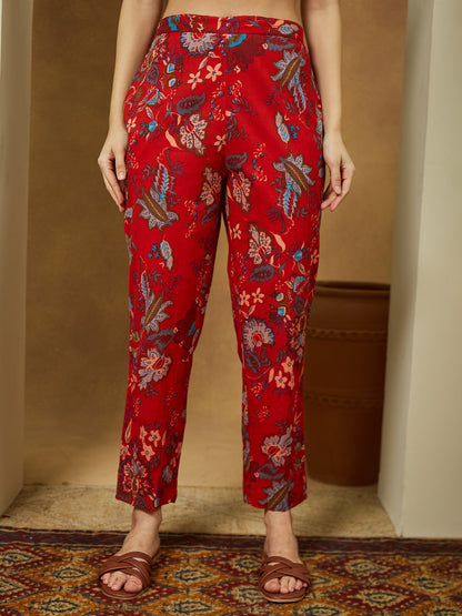 Janasya Women's Red Pure Cotton Floral Printed Peplum Co-ord Set