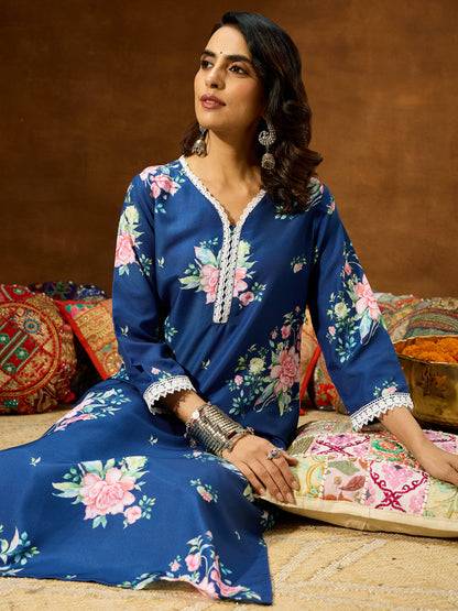 Janasya Women's Blue Cotton Blend Floral Printed Straight Co-ord Set
