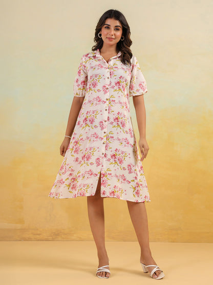 Janasya Women's Off White Linen Cotton Floral Printed A-line Button Down Shirt Dress