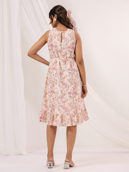 Janasya Women's Peach Pure Cotton Floral Printed A-line Dress