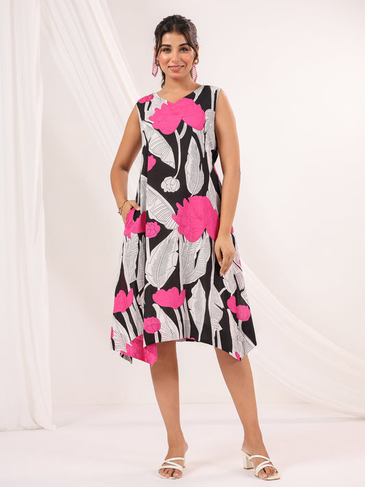 Janasya Women's Black Pure Cotton Floral Printed Handkerchief Dress