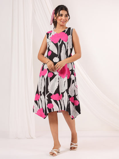 Janasya Women's Black Pure Cotton Floral Printed Handkerchief Dress