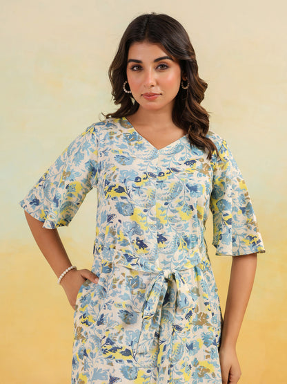 Janasya Women's Off White Linen Cotton Floral Printed A-line Dress