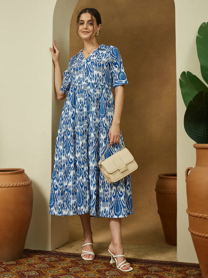 Janasya Women's Indigo Blue Linen Cotton Ikkat Printed Tiered Dress