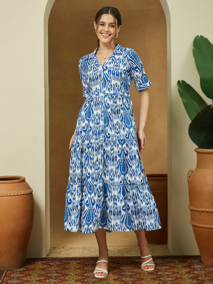 Janasya Women's Indigo Blue Linen Cotton Ikkat Printed Tiered Dress