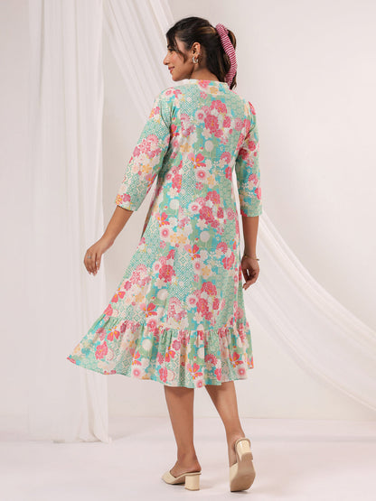 Janasya Women's Mint Green Pure Cotton Floral Printed A-line Dress