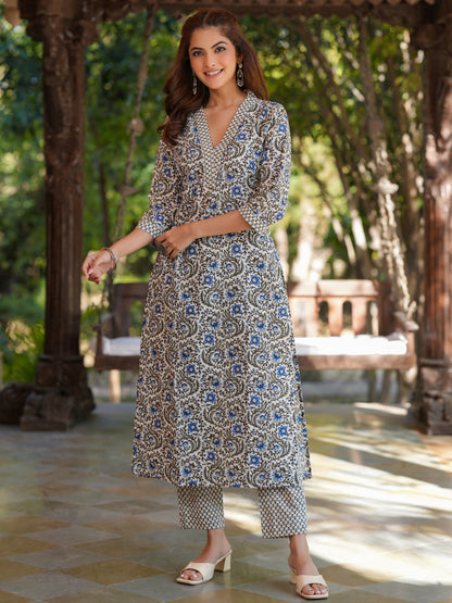Cream Pure Cotton Floral Printed Straight Kurta Pant Set