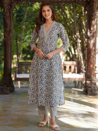 Cream Pure Cotton Floral Printed Straight Kurta Pant Set
