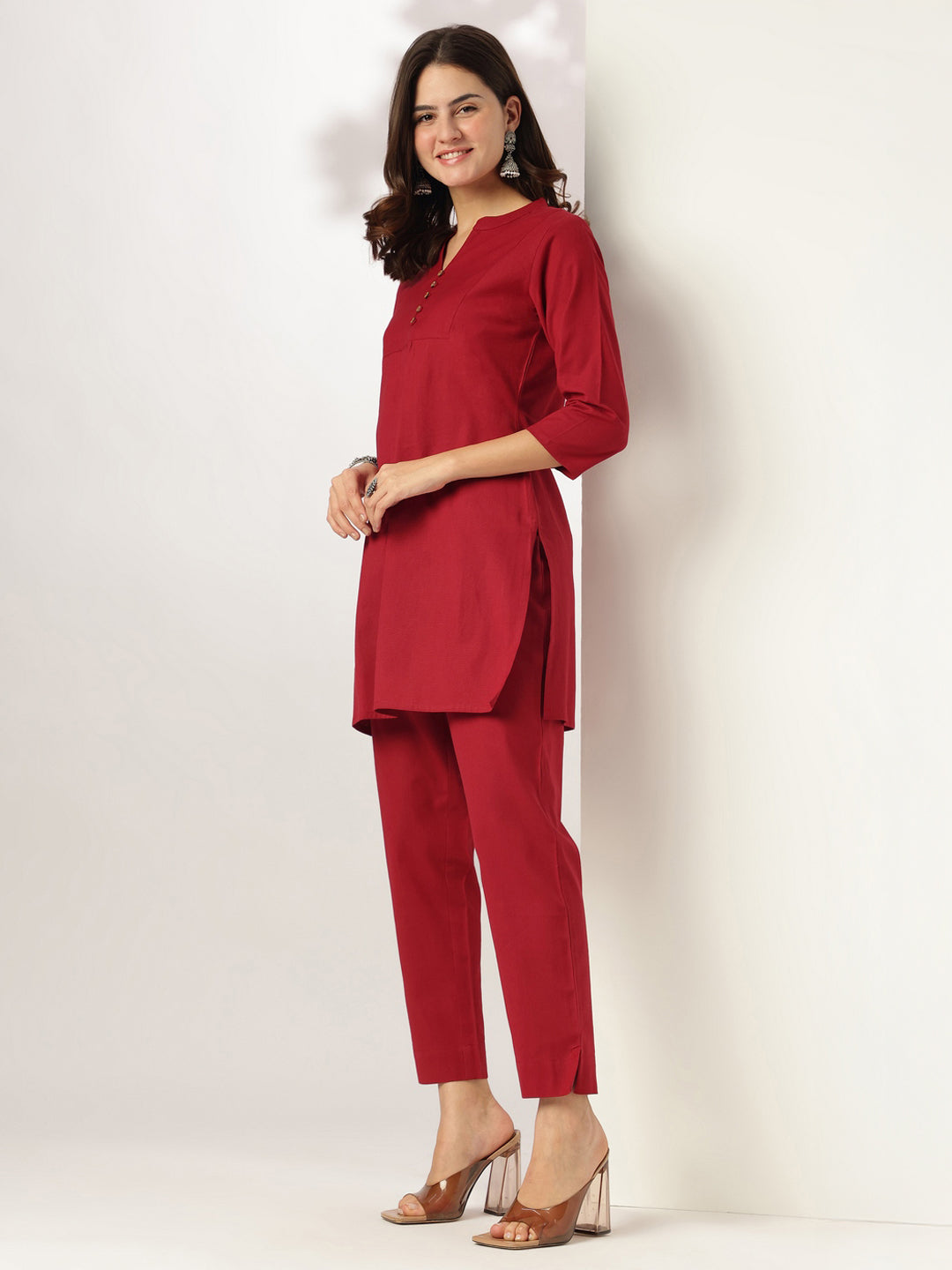 Maroon Cotton Solid A-line Co-ord Set