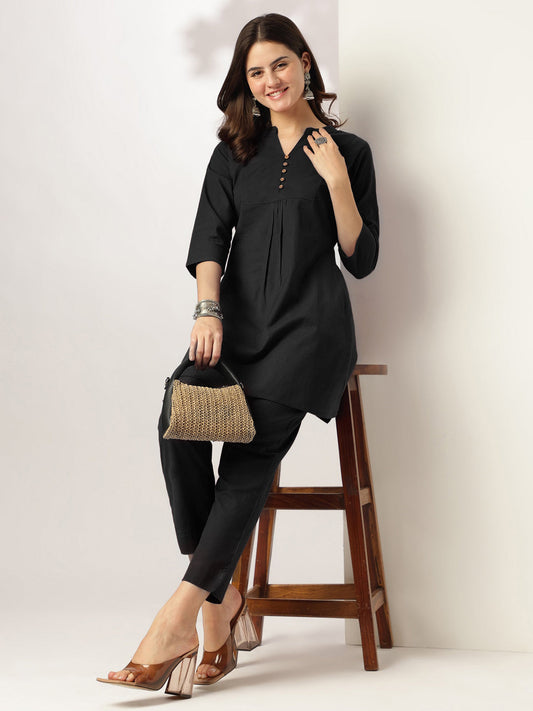 Janasya Women's Black Cotton Solid A-line Co-ord Set