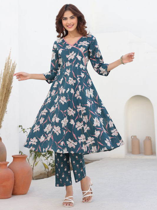 Janasya Women's Teal Blue Pure Cotton Floral Printted A-line Kurta Pant Set