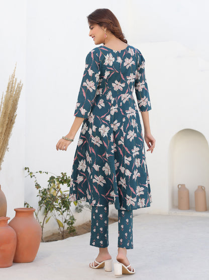 Janasya Women's Teal Blue Pure Cotton Floral Printted A-line Kurta Pant Set