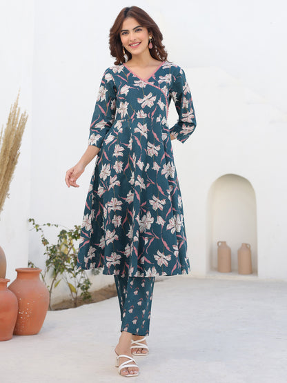 Janasya Women's Teal Blue Pure Cotton Floral Printted A-line Kurta Pant Set