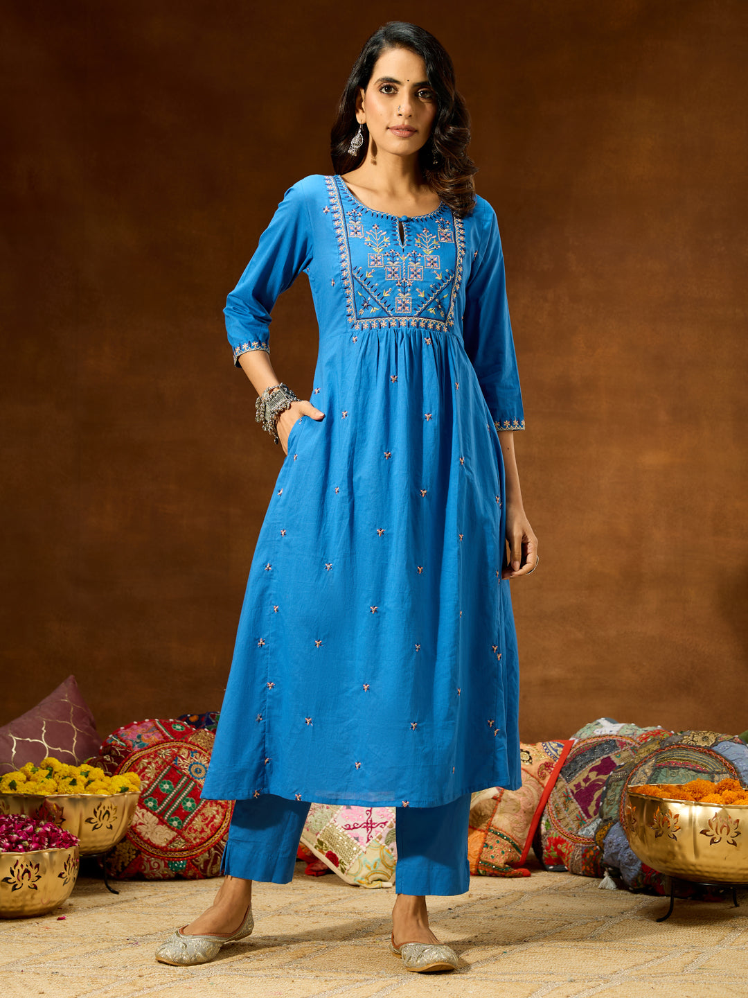 Janasya Women's Blue Pure Cotton Embroidered A-line Kurta With Pant Set