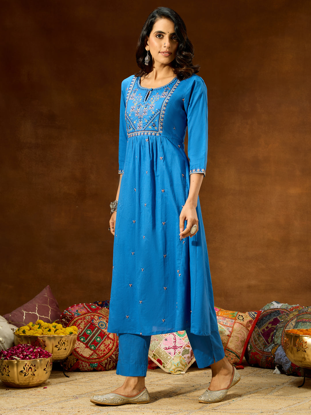 Janasya Women's Blue Pure Cotton Embroidered A-line Kurta With Pant Set