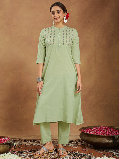 Janasya Women's Mint Green Pure Cotton Embroidered A-line Kurta Pant Set