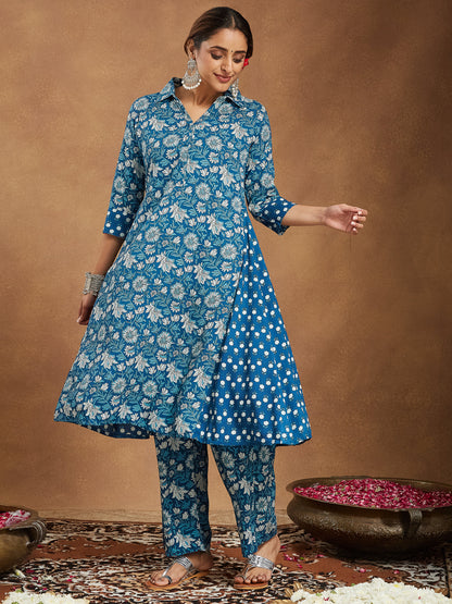 Janasya Women's Blue Pure Cotton Floral Printed A-line Kurta Set