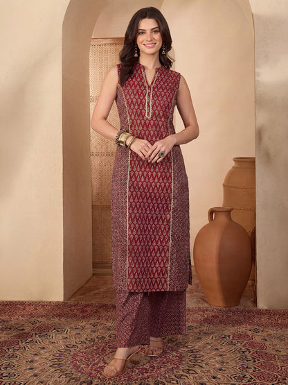 Janasya Women's Maroon Pure Cotton Ethnic Motifs Printed Straight Kurta Pant Set