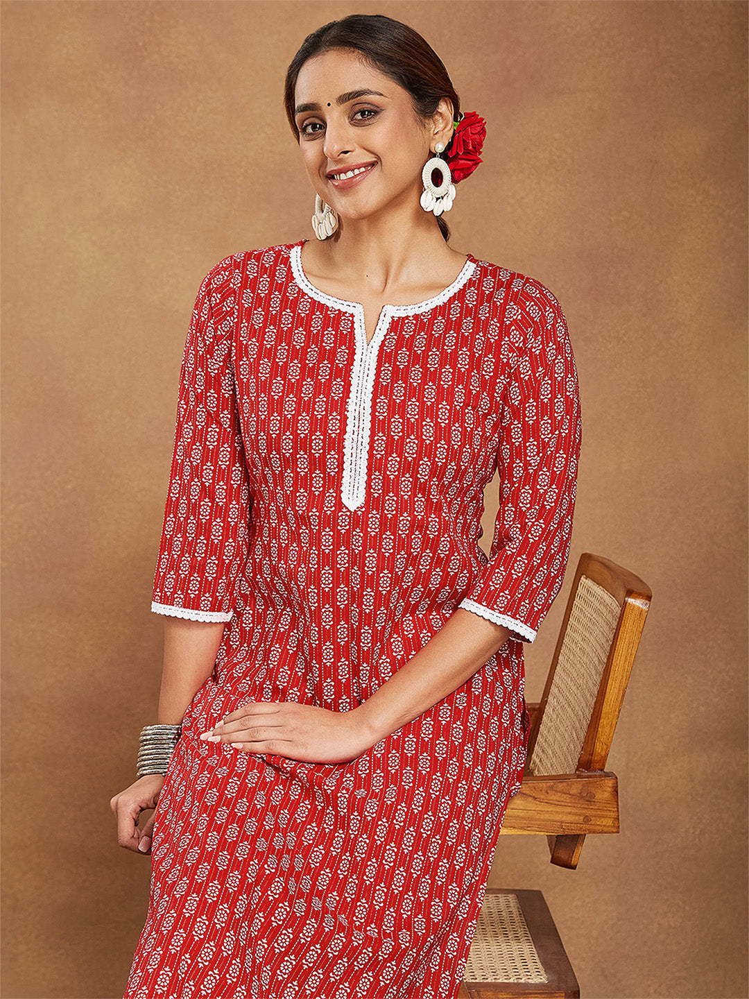 Janasya Women's Red Pure Cotton Ethnic Motifs Printed Straight Kurta Pant Set