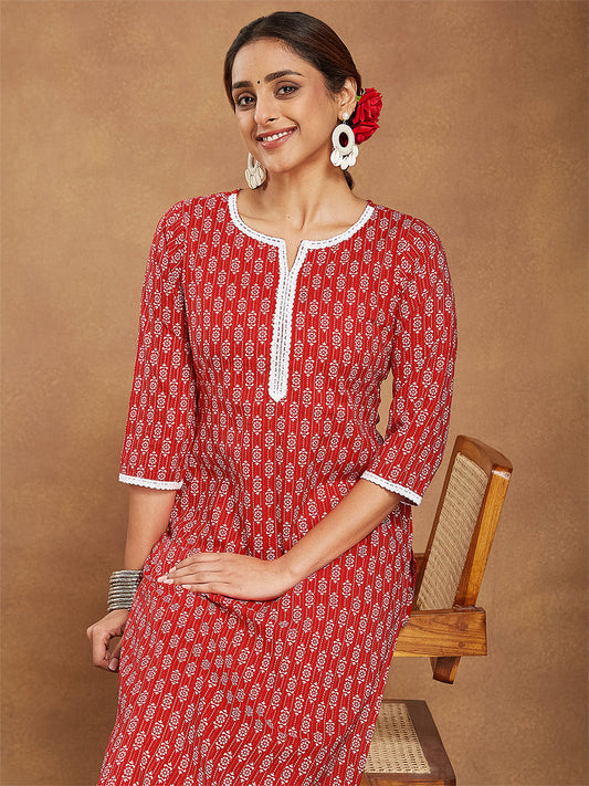 Janasya Women's Red Pure Cotton Ethnic Motifs Printed Straight Kurta Pant Set