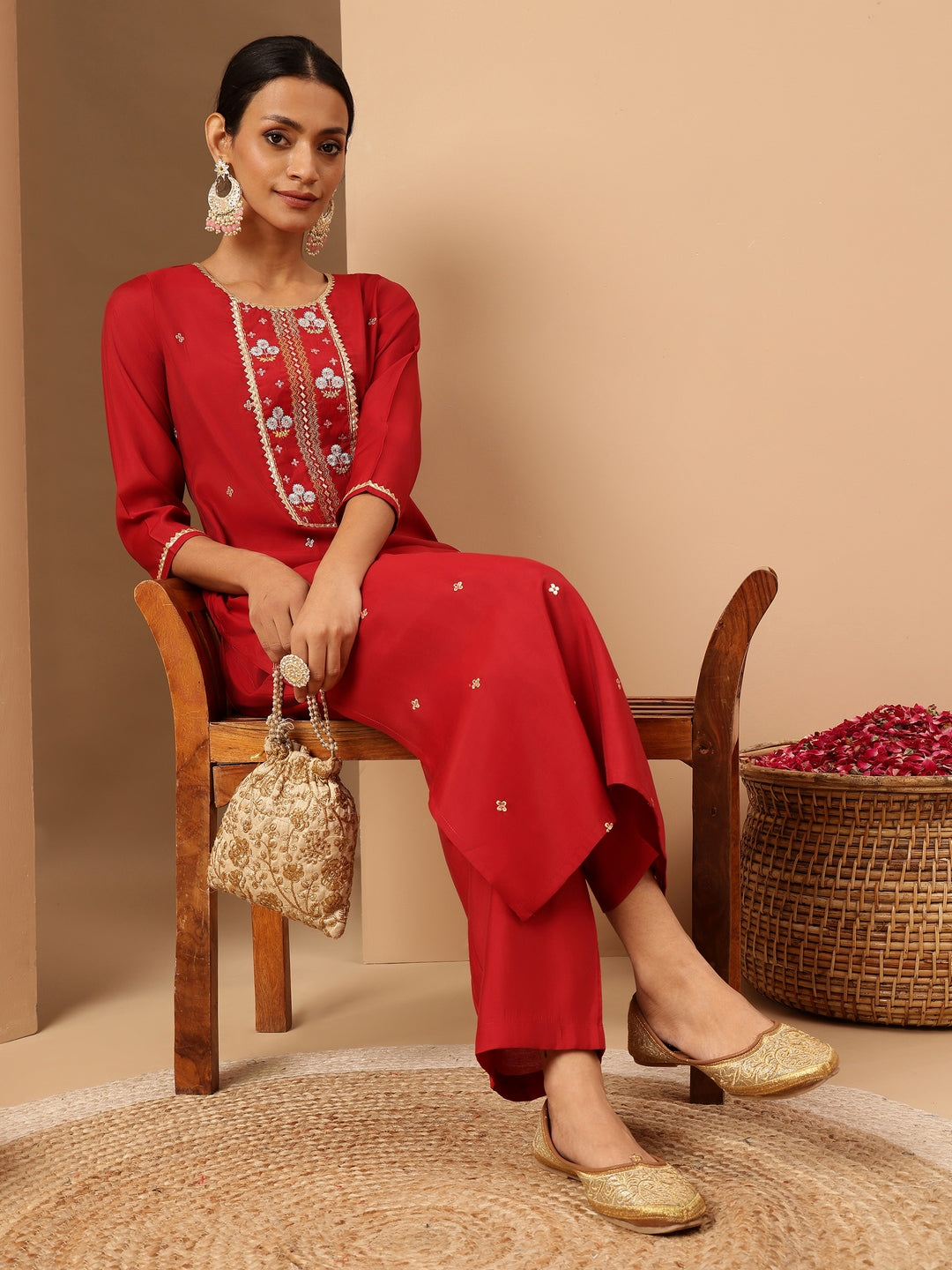 Janasya Women's Red Chanderi Silk Zari Embroidered Straight Kurta Pant Set