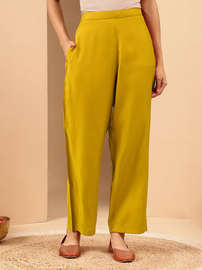 Janasya Women's Mustard Chanderi Silk Embellished Straight Kurta Pant Set