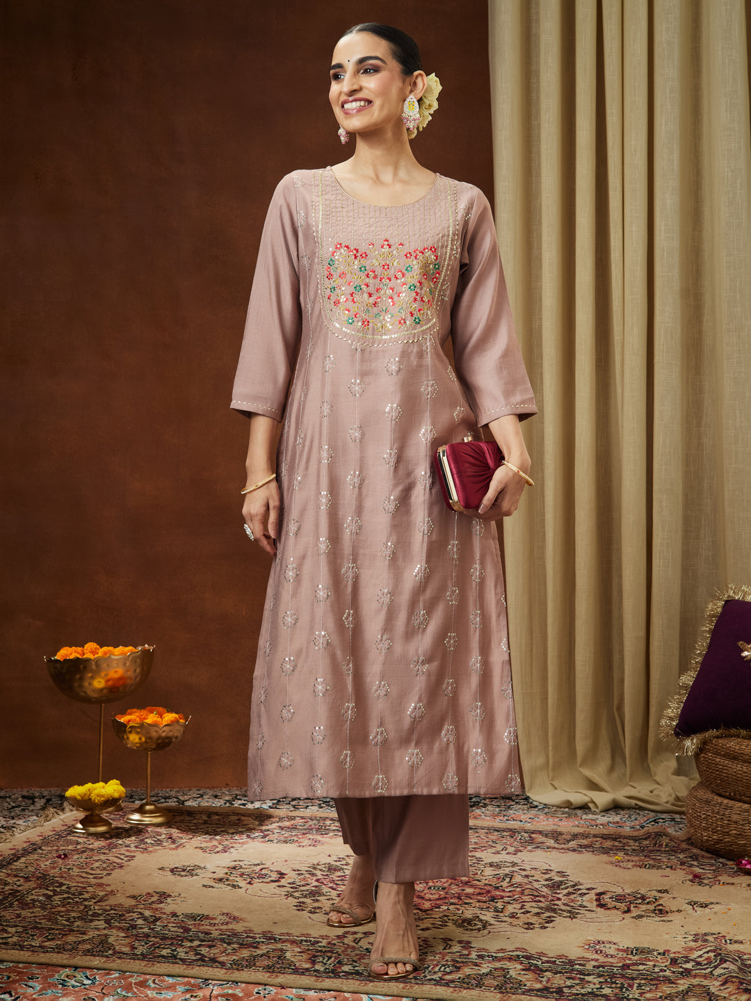 Janasya Women's Brown Silk Blend Zari Embroidered Straight Kurta Pant Set