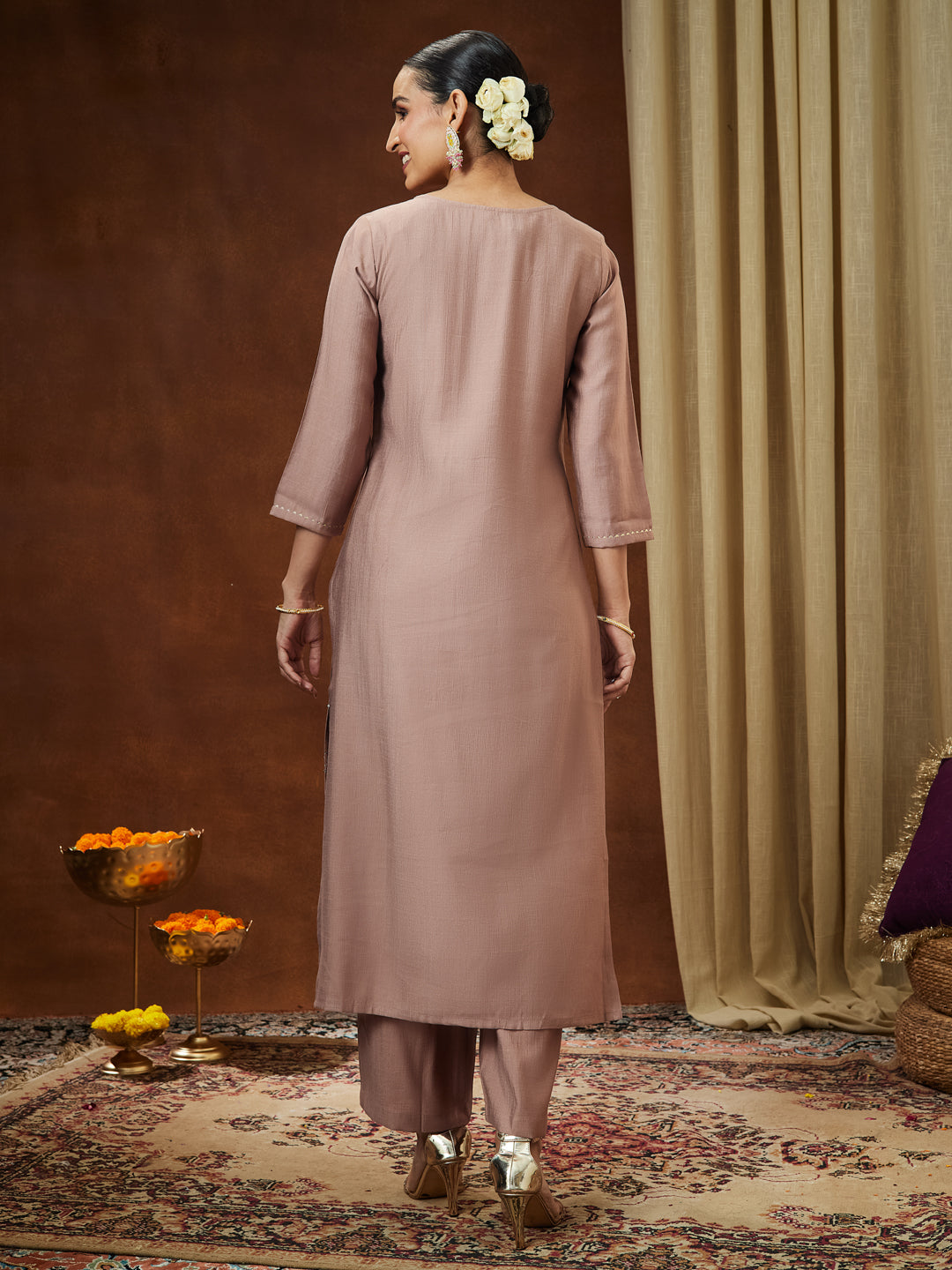 Janasya Women's Brown Silk Blend Zari Embroidered Straight Kurta Pant Set