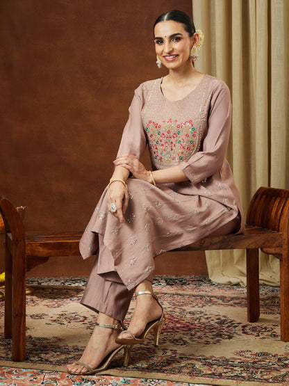 Janasya Women's Brown Silk Blend Zari Embroidered Straight Kurta Pant Set