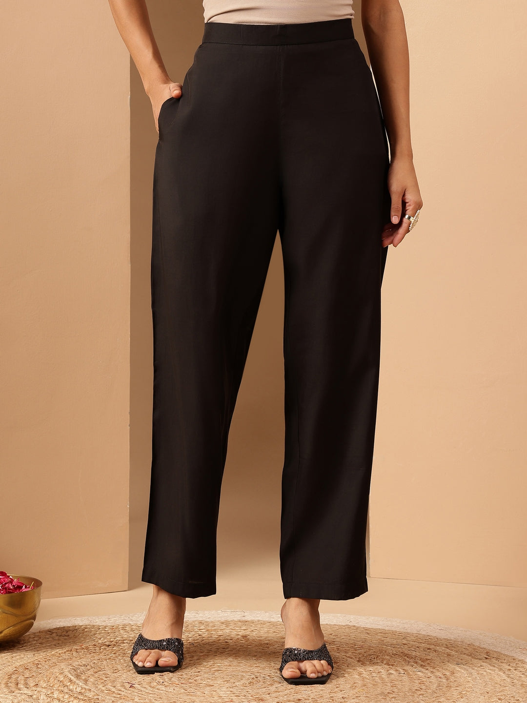 Janasya Women's Black Chanderi Silk Embroidered Straight Kurta Pant Set