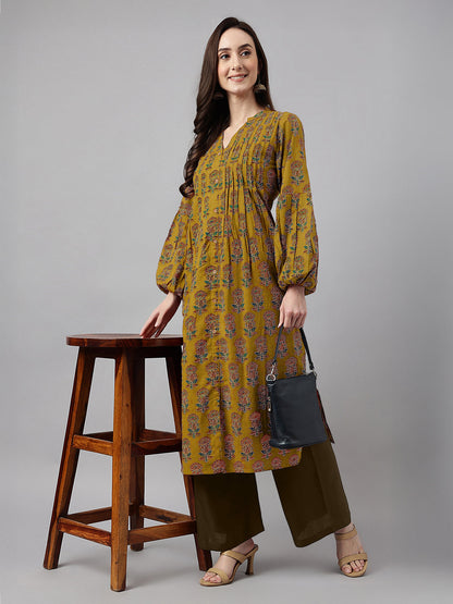 Janasya Women's Mustard Pure Cotton Floral Printed Straight Kurta