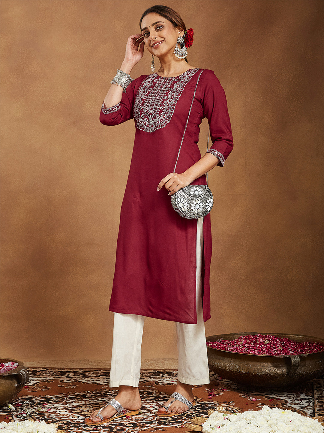 Janasya Women's Maroon Rayon Embroidered Straight Kurta