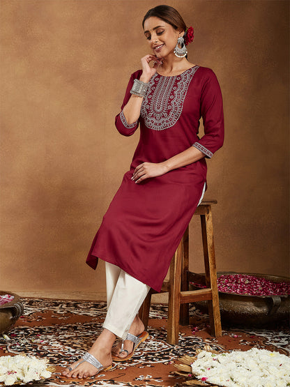 Janasya Women's Maroon Rayon Embroidered Straight Kurta