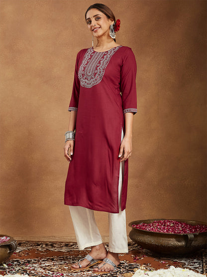 Janasya Women's Maroon Rayon Embroidered Straight Kurta
