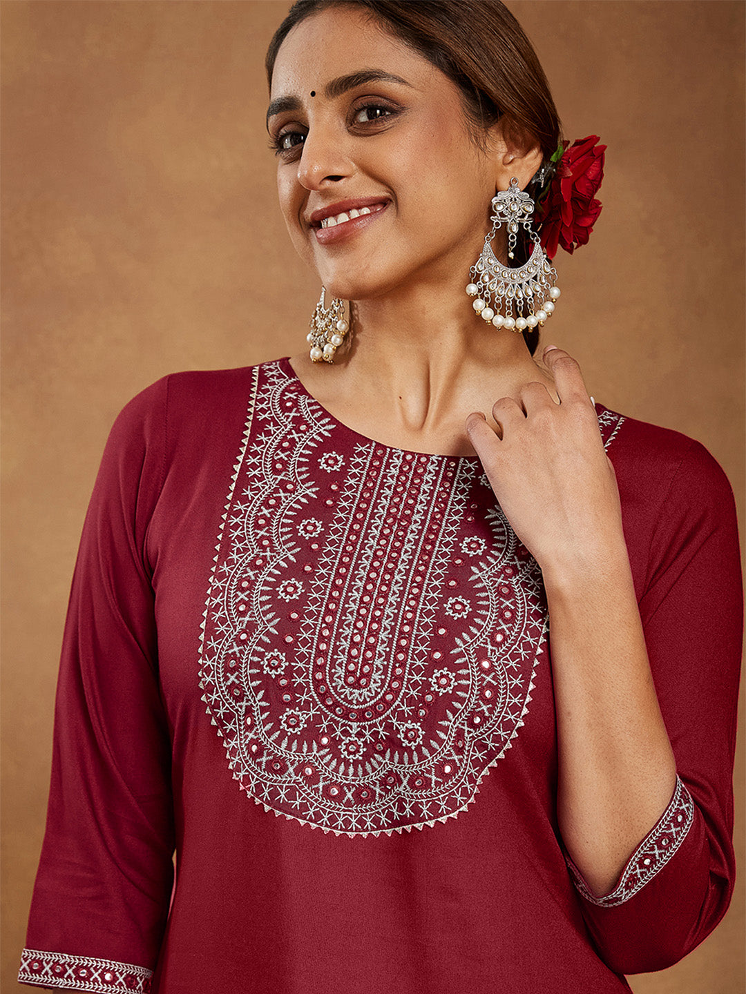 Janasya Women's Maroon Rayon Embroidered Straight Kurta